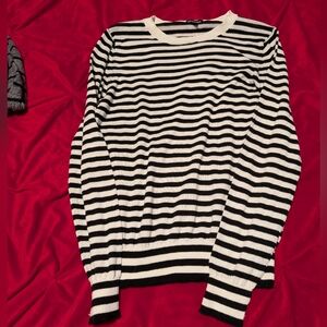 Who What Wear Black & White Striped Crewneck Sweater
